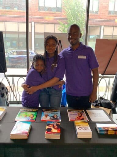 Volunteers organizing donated books